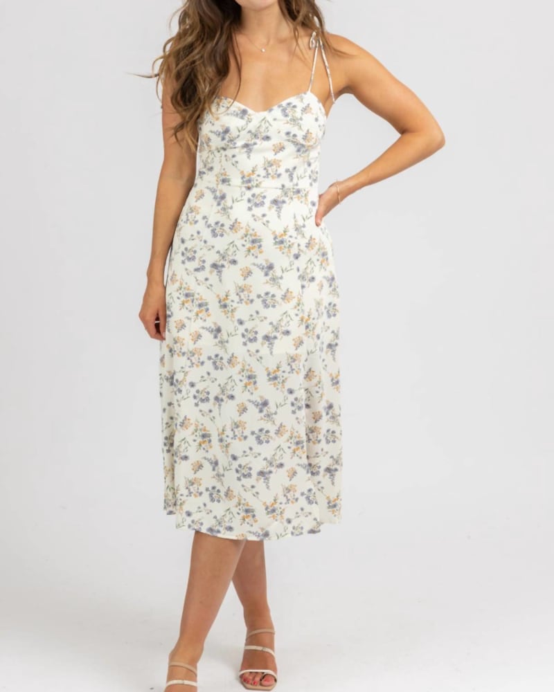 Front of a model wearing a size L Floral Tie Strap Midi Dress In Ivory in Ivory by CRESCENT. | dia_product_style_image_id:344757